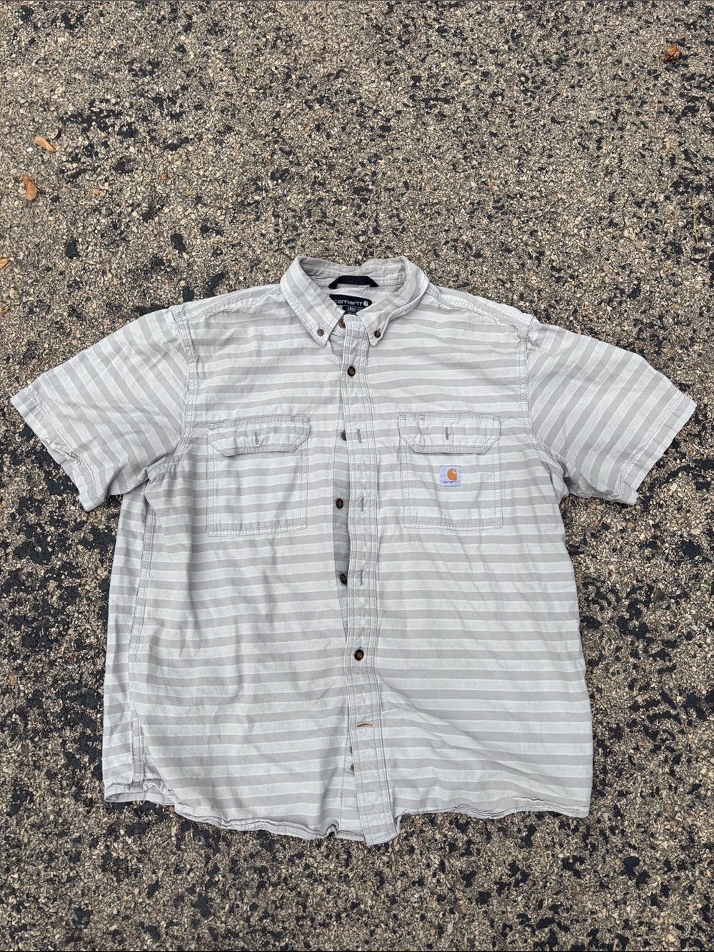 Carhartt Mens Large Loose Fit Gray Striped Cotton Short Sleeve Button-Down Shirt